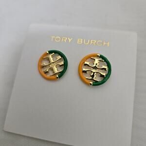 NEW Tory Burch Miller Studs Green Orange T Logo Earrings Round Colorful